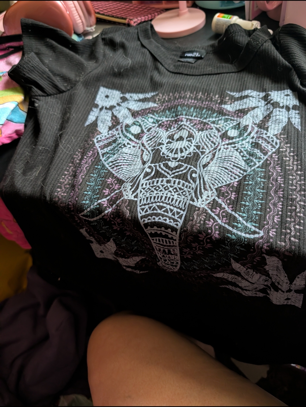 Rue21 Black Ribbed Tee with Pastel Elephant Graphic